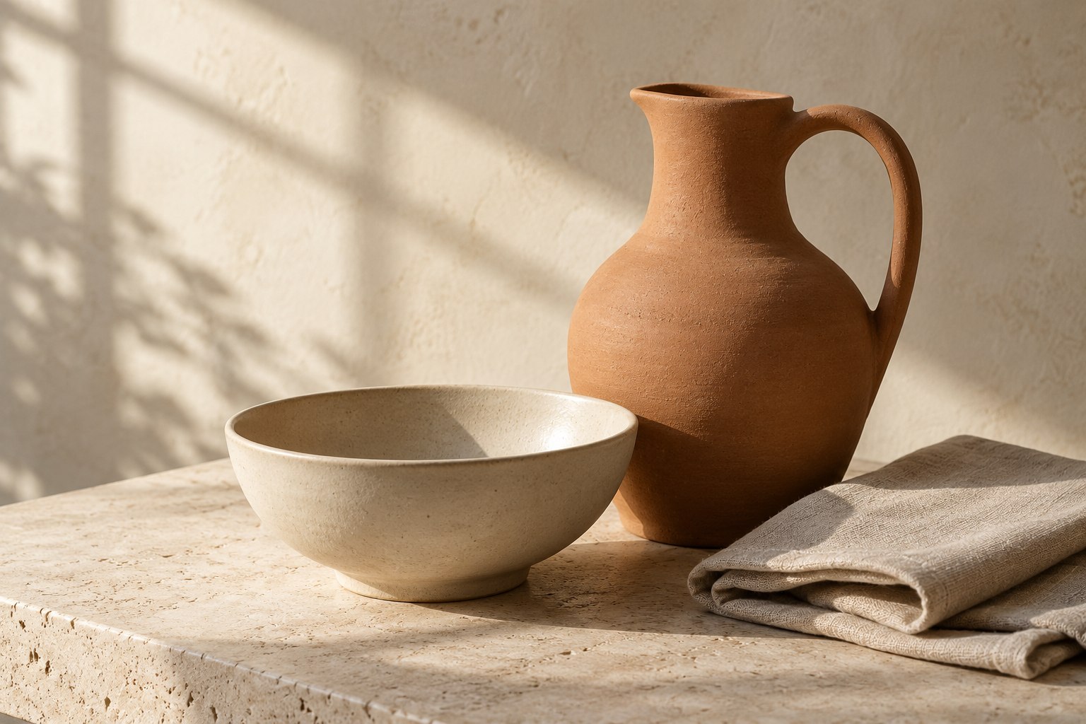 Generated concept product photograph of a terracotta jug, cream bowl and natural linen.
