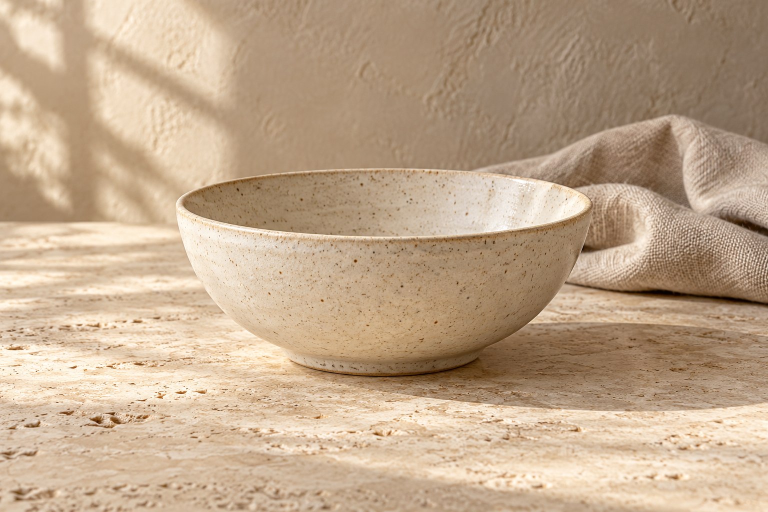Generated concept product photograph of a cream stoneware bowl and natural linen.