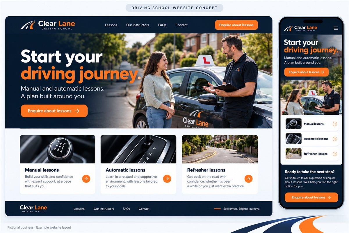 Illustrative driving-school website concept with local service and enquiry information.