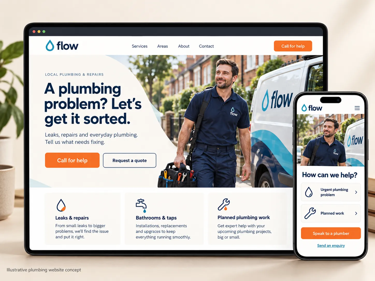 Flow plumbing website concept with matching desktop and mobile layouts, service choices and prominent enquiry actions.