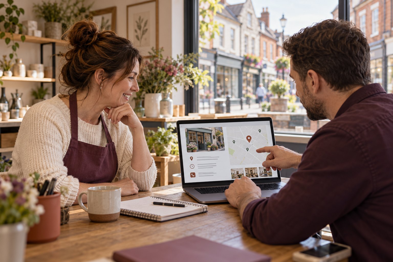 Illustrative local business owner and search specialist reviewing a map and business-profile interface.