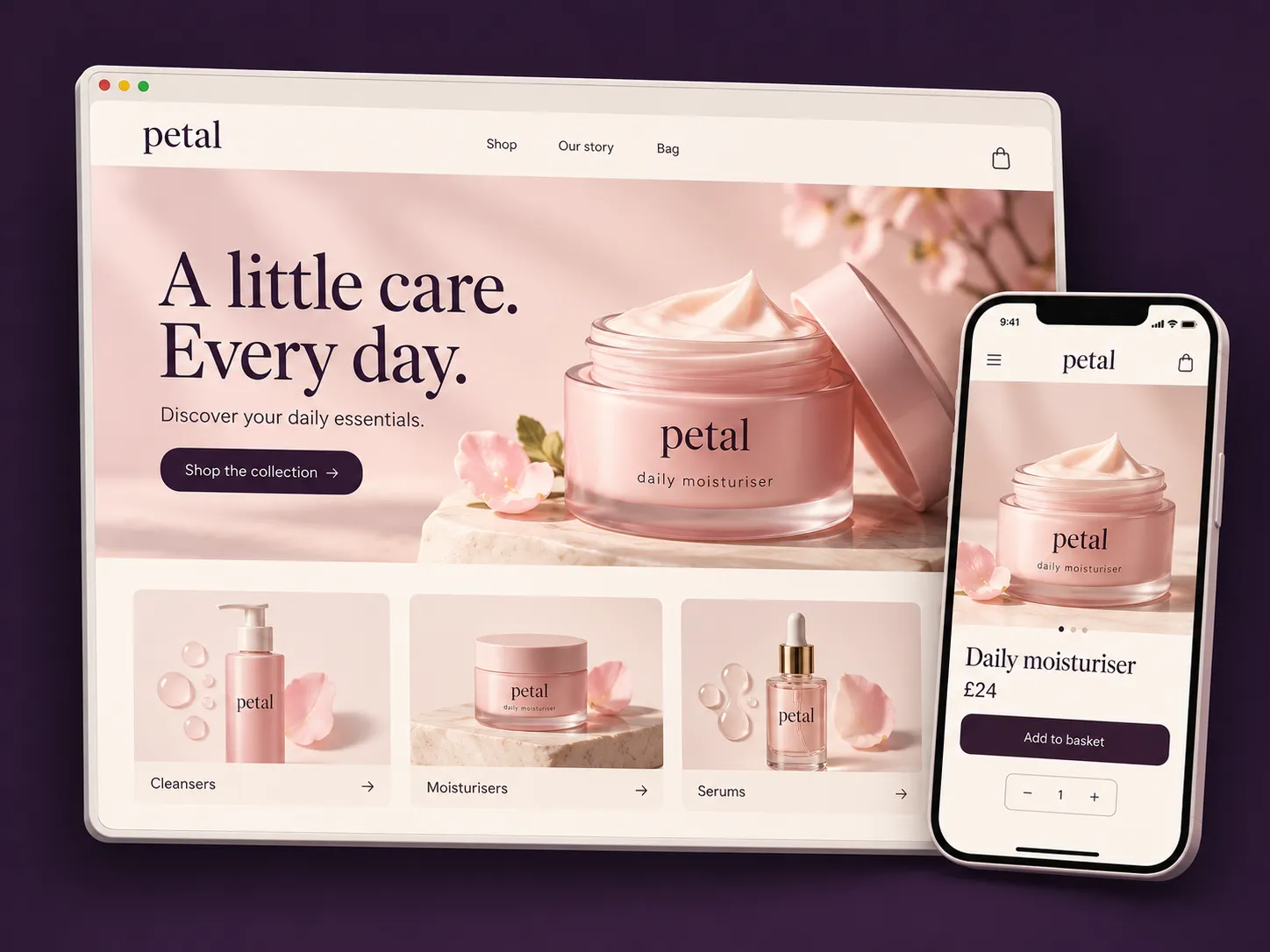 Petal beauty ecommerce portfolio design, showing a desktop storefront and a mobile daily moisturiser product page.