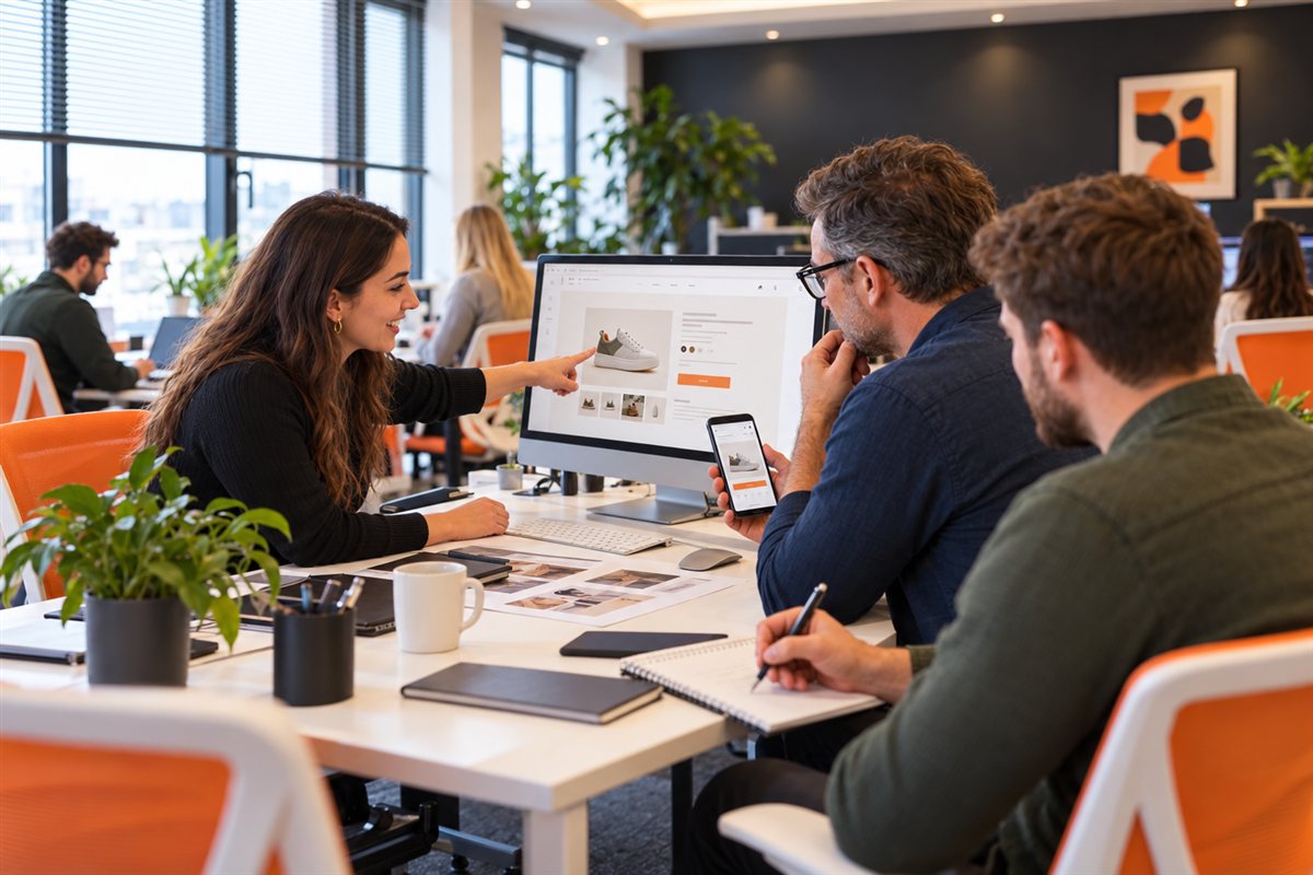 Illustrative desktop and mobile website review in a collaborative workspace.
