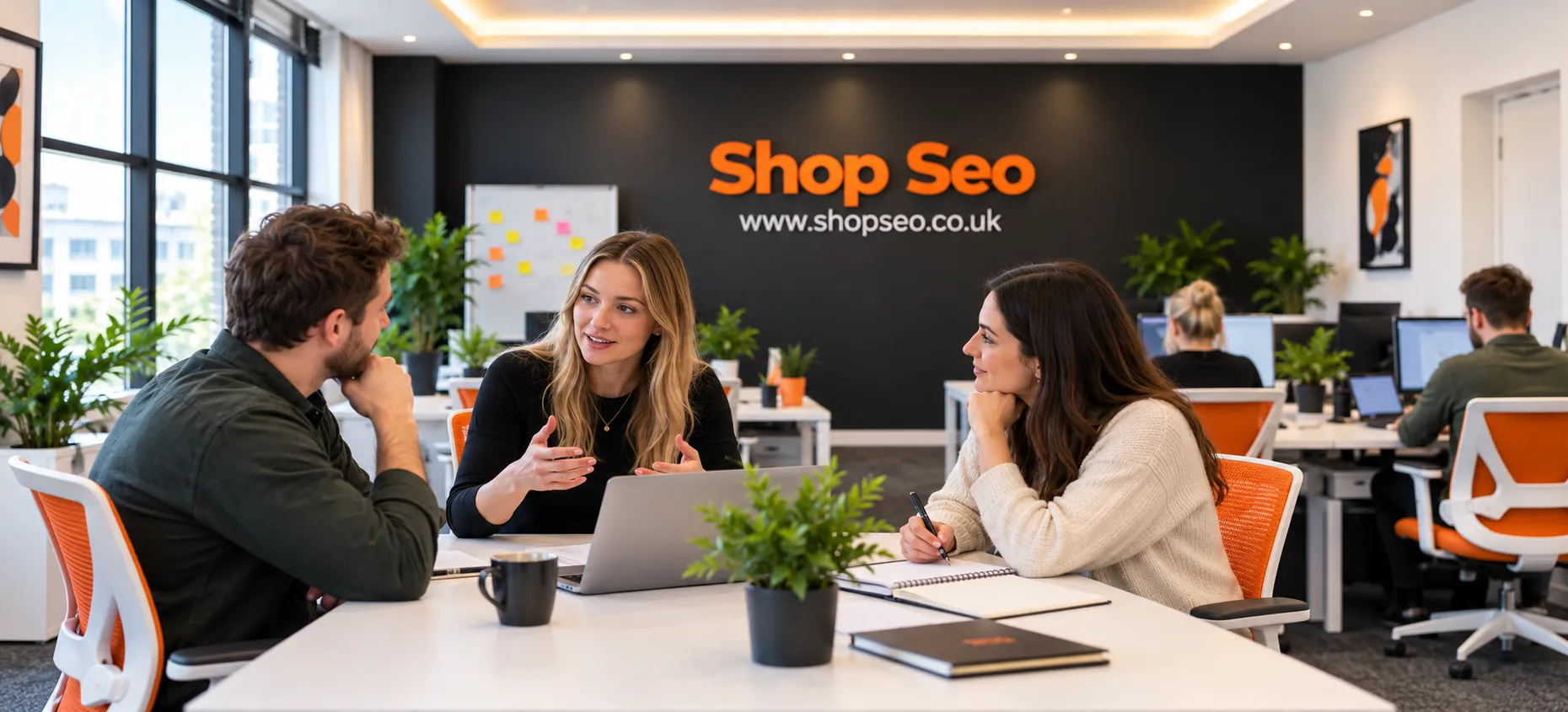 AI-generated Shop SEO brand illustration of people discussing a website project around a laptop.