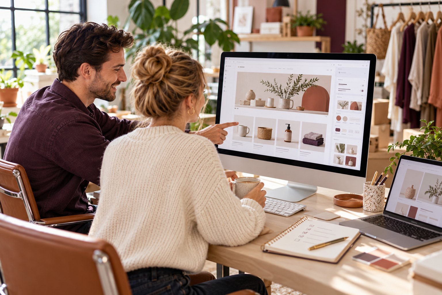 Illustrative website specialist and business owner reviewing an ecommerce website and content changes.